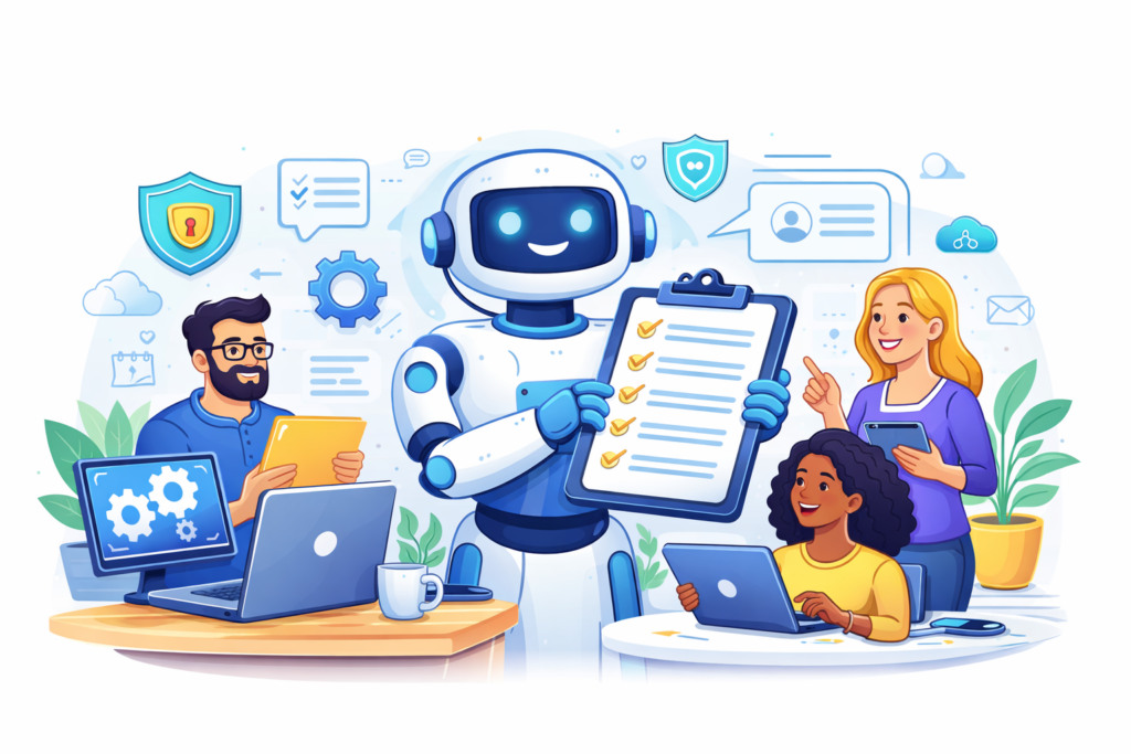 A helpful robotic agent guides humans through tasks.