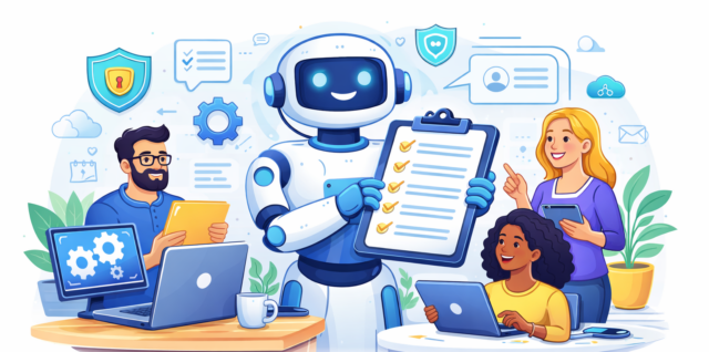 A helpful robotic agent guides humans through tasks.