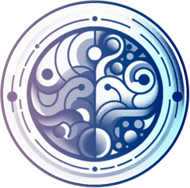 Sideways Thought circular blue, violet, and cyan abstract badge