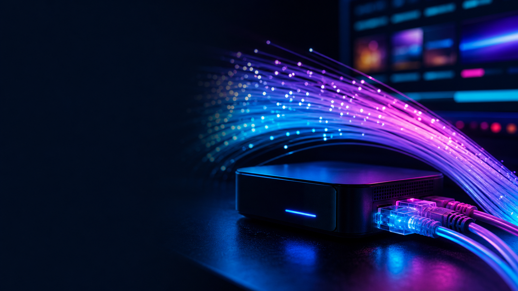 Vivid laptop screen emitting blue, violet, and magenta light.